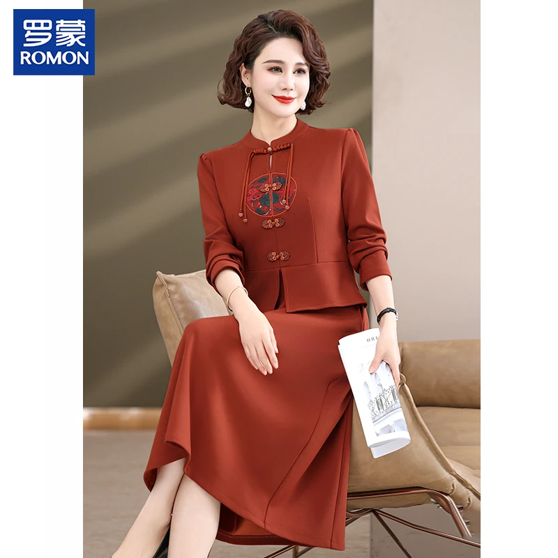 罗蒙妈妈装春季国风连衣裙新款中式盘扣长裙中老年女装时尚修身裙