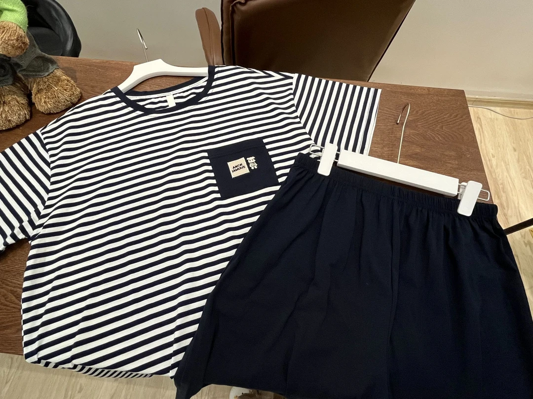 夏季爽棉睡衣男士时尚休闲百搭条纹韩版夏款圆领舒适居家宽松套装