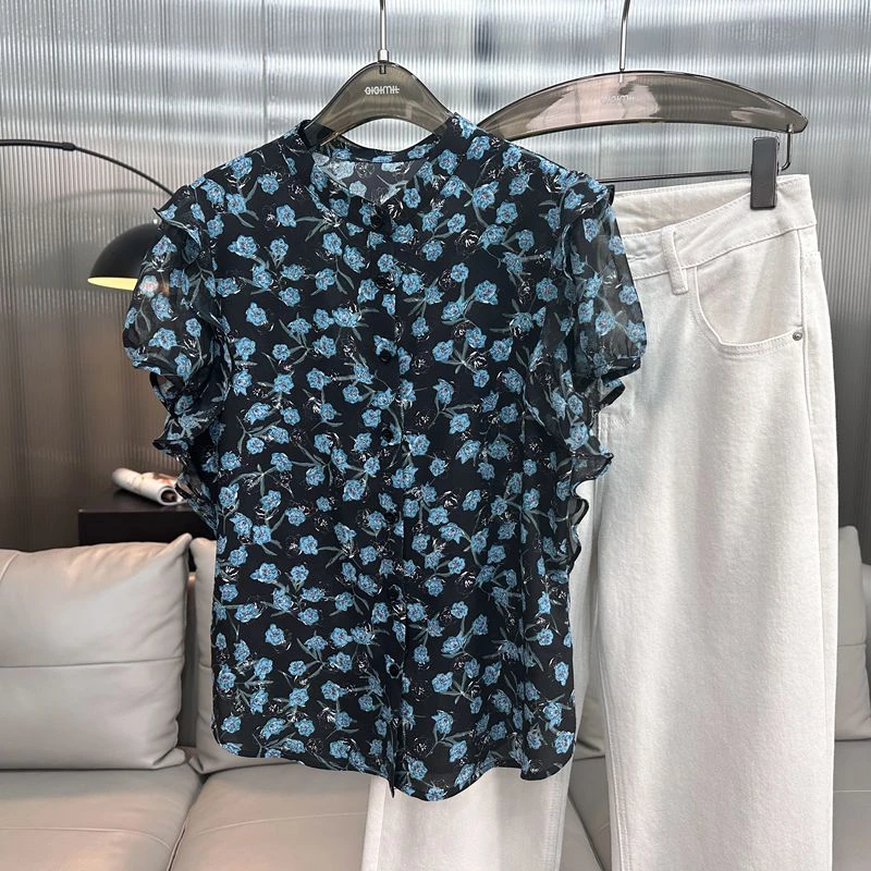 原里韩范时髦轻奢短袖碎花女衬衫气质清新减龄高级感夏季印花衬衣