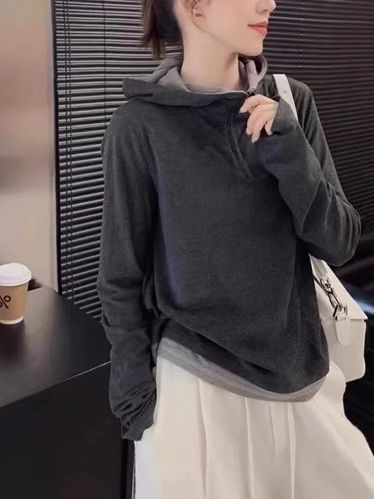 975韩版2024冬撞色连帽半拉链女双面德绒保暖发热打底衫卫衣帽衫