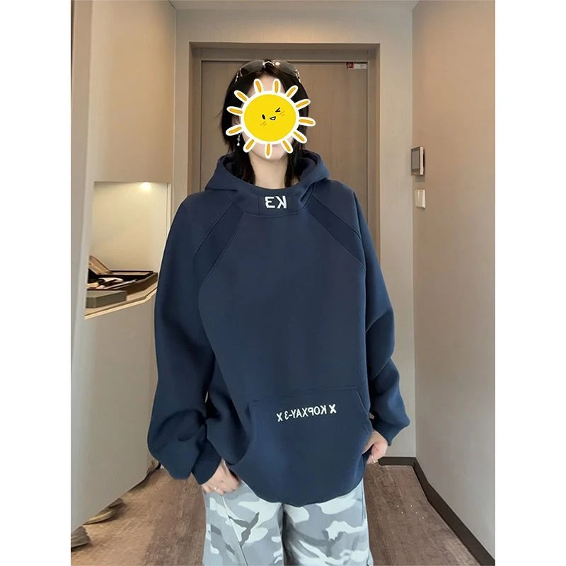 藏青色高领重磅连帽卫衣男女秋季中性风穿搭套头boxy廓形情侣外套