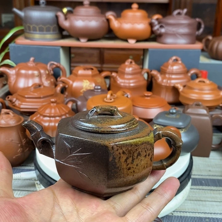 茶壶紫砂六方竹节180cc原矿老紫泥柴烧
