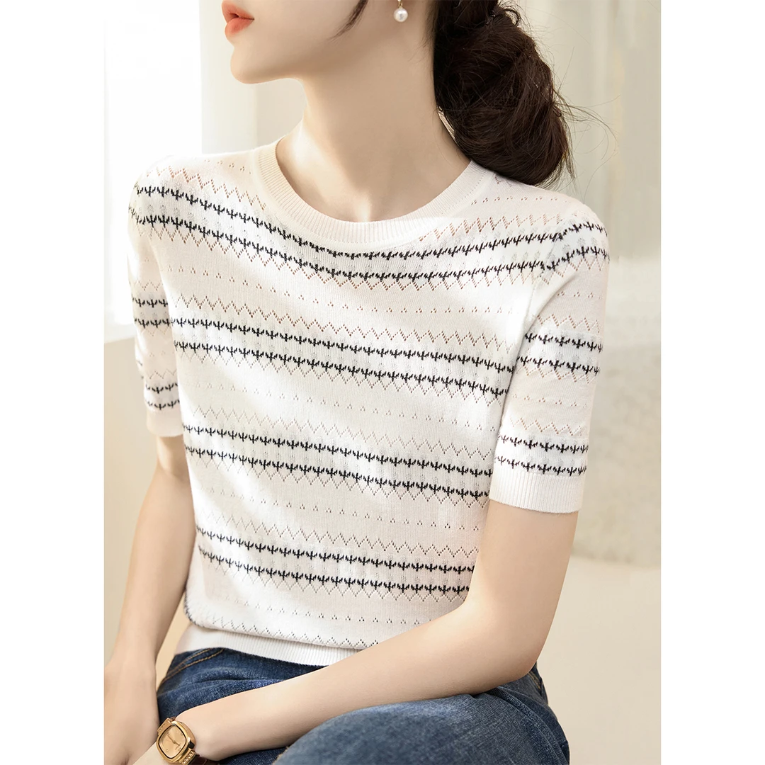 2025夏季新款气质宽松圆领显瘦条纹T恤上衣莱赛尔天丝短袖针织衫