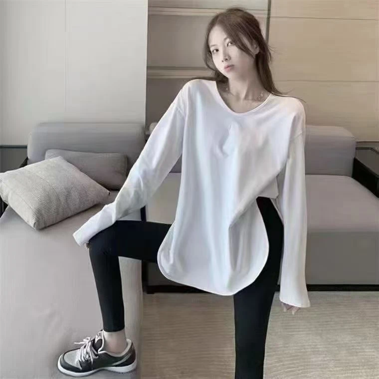 镂空V领白色大白T中长款打底衫T恤内搭休闲长袖上衣纯棉工厂直销