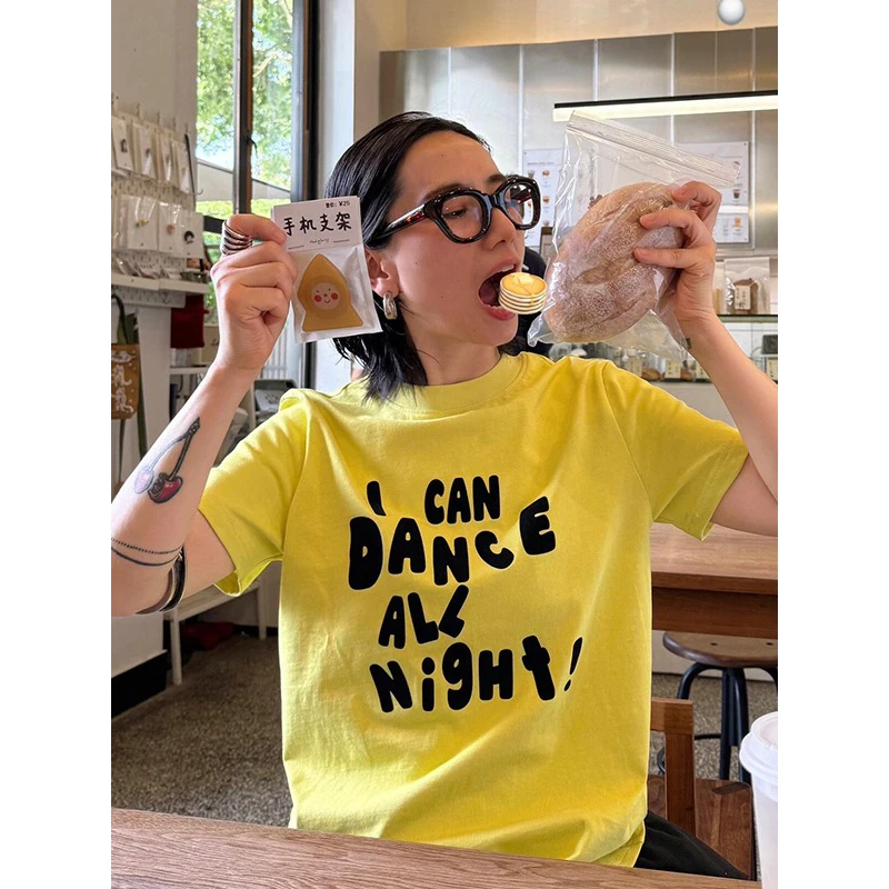 100%纯棉重磅美式复古多巴胺黄色短袖t恤女款夏季新款宽松上衣tee