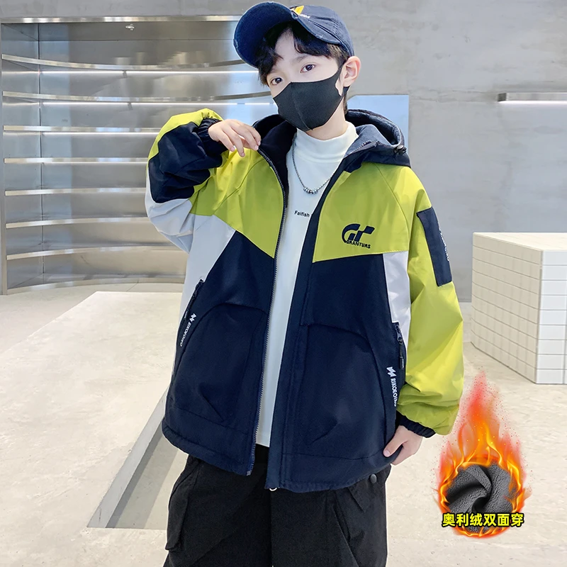 男童外套秋冬加绒双面穿加厚奥利绒风衣6岁12岁潮款秋装潮酷痞帅