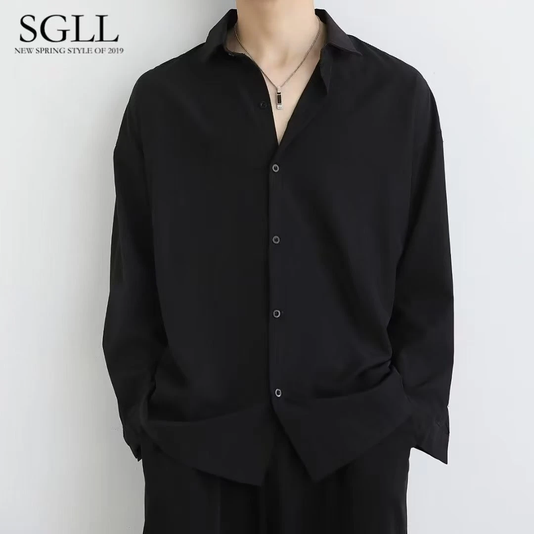 【正品冰丝】垂感黑色冰丝长短袖衬衫夏季潮休闲宽松白衬衣百搭上衣