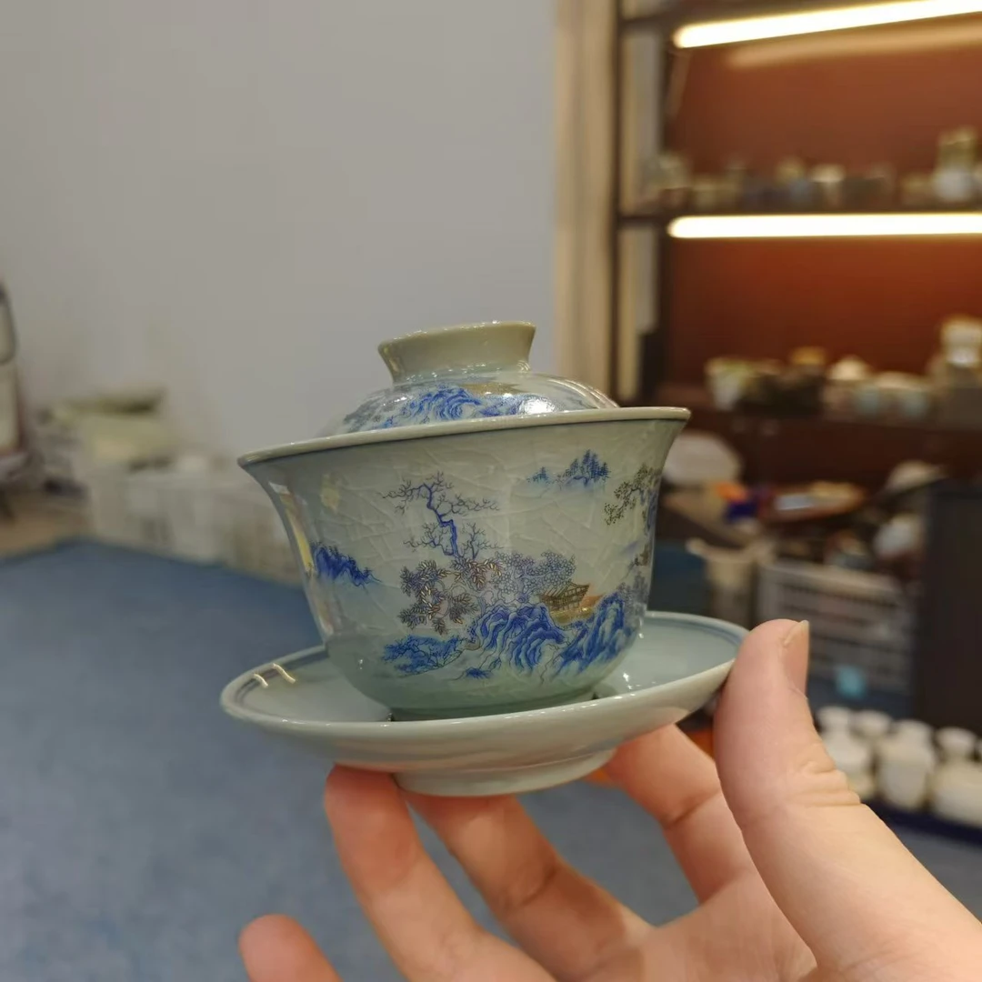 德化云仓 老陶泥茶盖碗青花山水陶瓷盖碗-5741