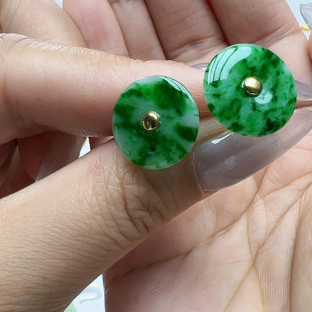 翡翠18K金镶嵌耳饰泪**痕天然缅甸A货翡翠