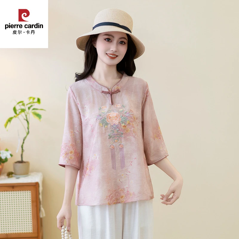 皮尔卡丹国风文艺复古刺绣立领七分袖衬衫女2025夏季薄款百搭小衫