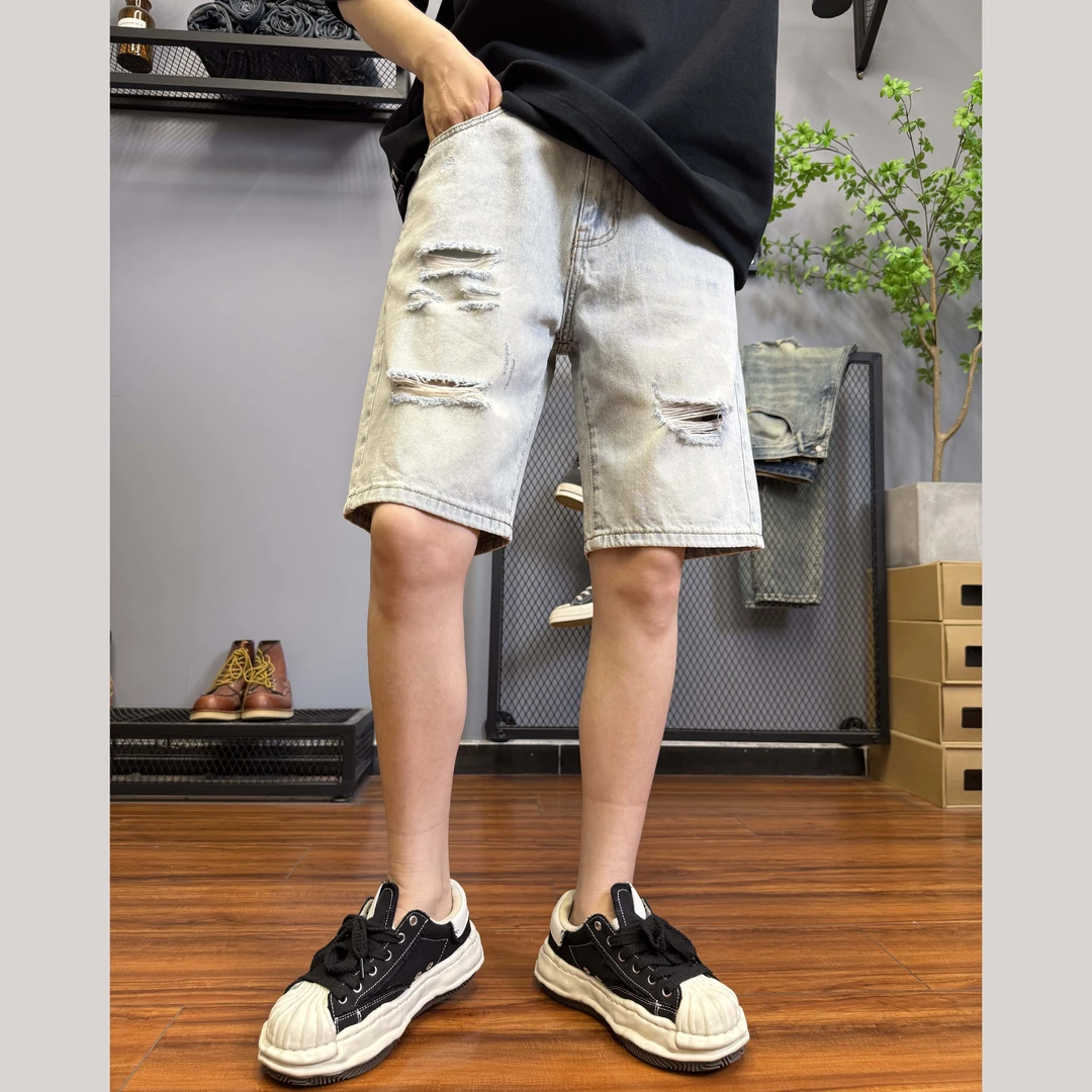 潮牌日系宽松直筒短裤破洞夏款工装休闲百搭潮流牛仔裤男士C9995