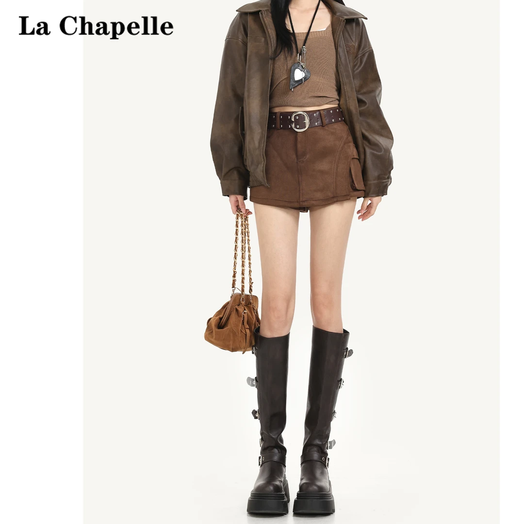 拉夏贝尔甜酷鹿皮绒工装短裙裤女2025新款秋冬高腰弹力A字半身裙