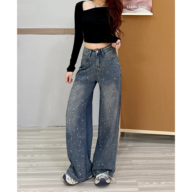 2025年满天星河烫钻阔腿牛仔裤女秋季新款高腰显瘦大码高级感拖地
