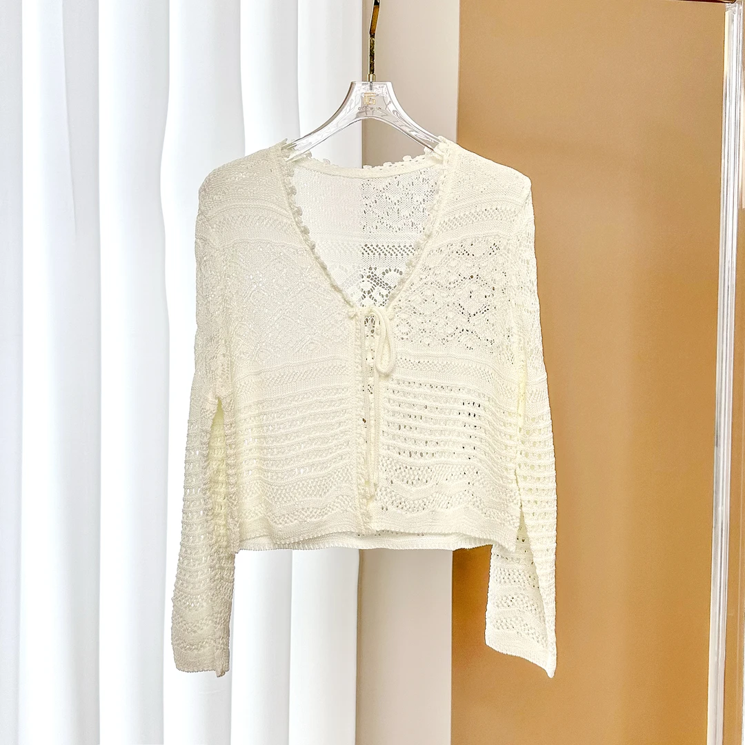 GUABMN2025夏季新款百搭镂空罩衫V领时尚气质薄款长袖针织衫3150