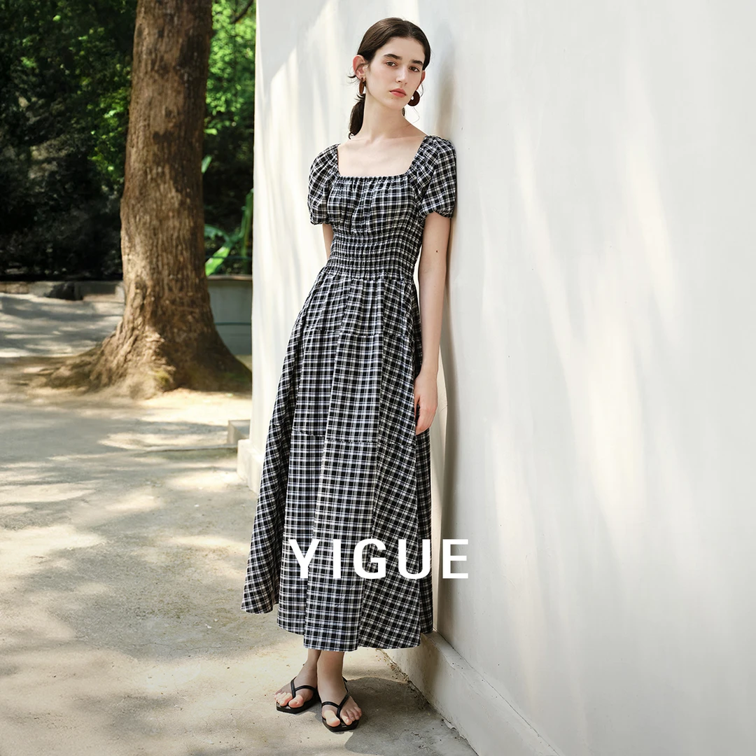【籽言专属】亦谷黑白法式格连衣裙女夏一字肩显瘦简约裙G5SAL165