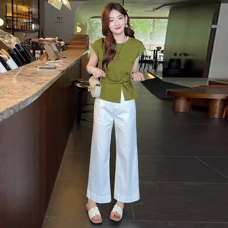 时尚套装女2025夏季新款洋气显瘦小个子短袖T恤搭配阔腿裤两件套