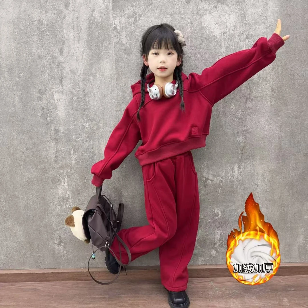 女童秋冬新款红色卫衣套装加绒新年儿童运动服加厚中大童过年服
