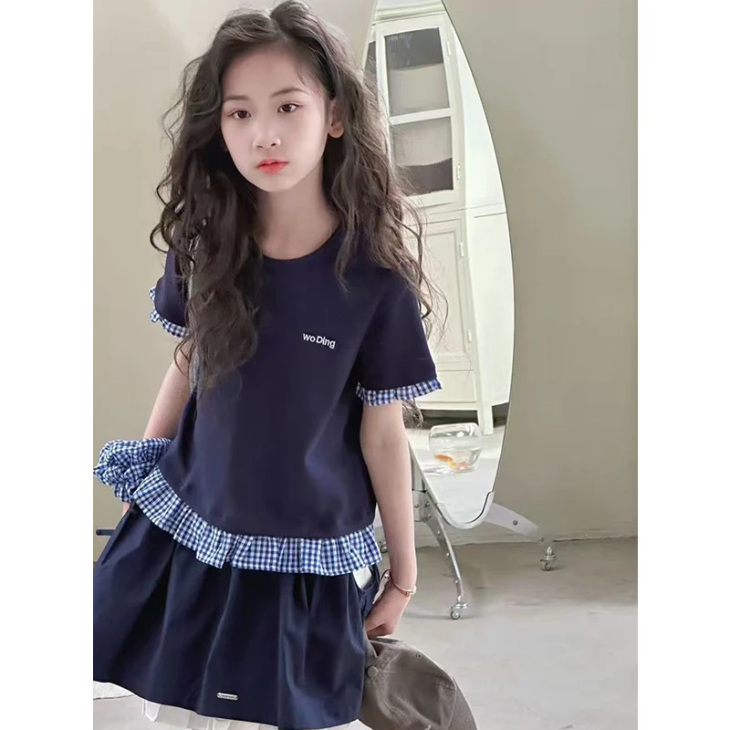 K28744格子拼接女童短袖T恤2025新款夏装儿童休闲上衣宽松百搭潮t