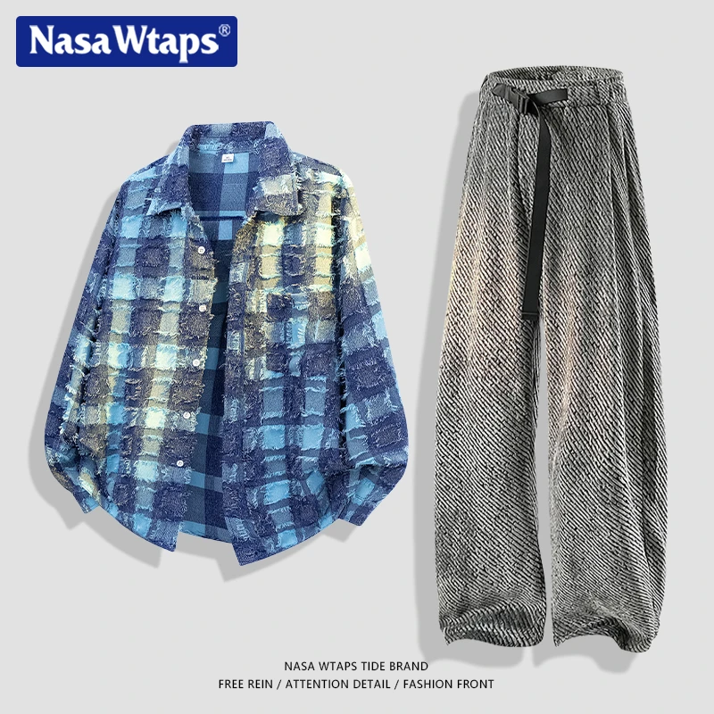 NASA WTAPS流苏格纹长袖衬衫套装男春秋休闲小香风衬衣潮牌两件套