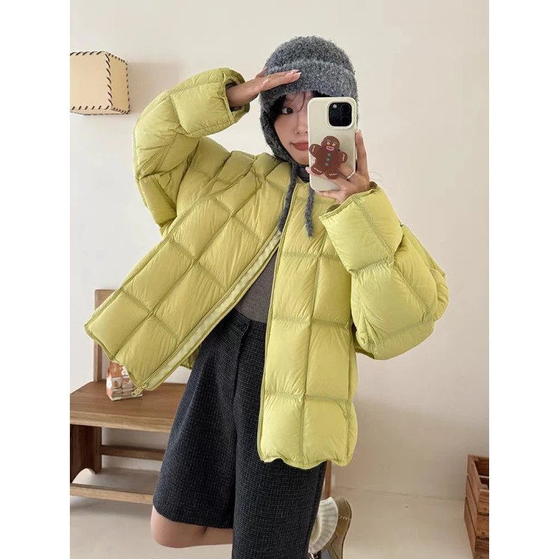 跨境欧洲站圆领泡芙棉服女2025冬季新短款加厚云朵方格学生外套