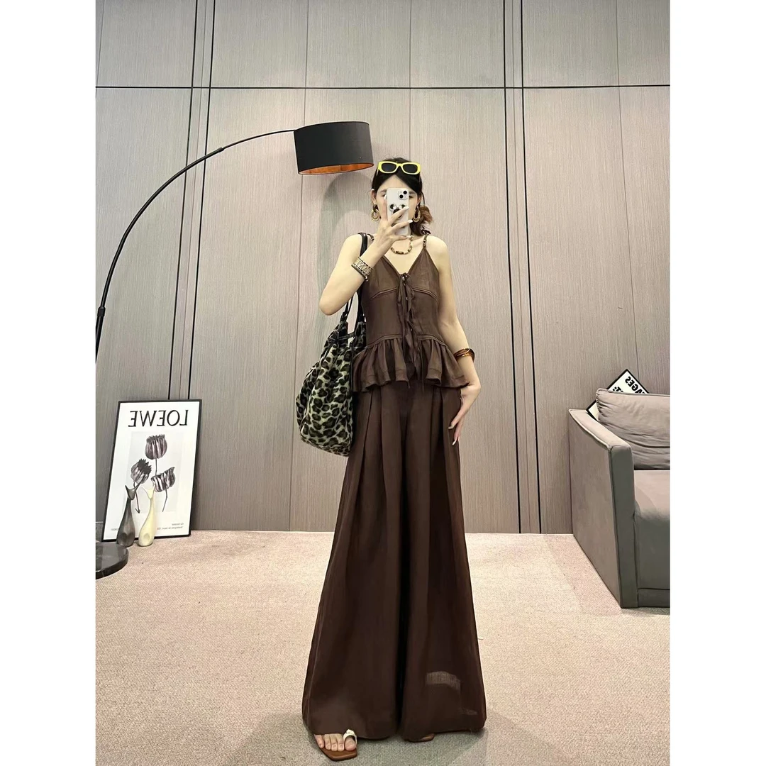 女装夏装套装2025新款爆款洋气吊带绑带法式上衣直筒阔腿裤套装