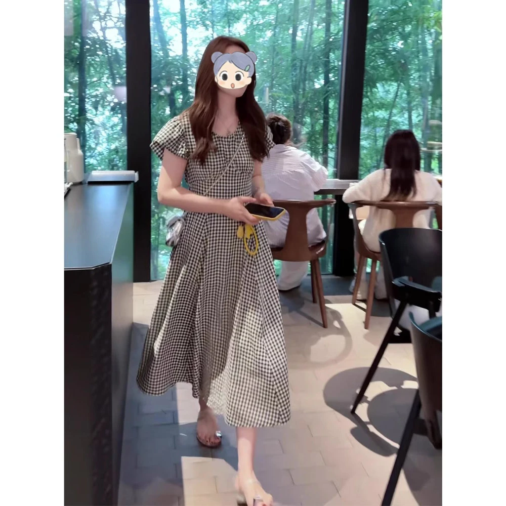 小个子收腰法式中长裙2025夏季新款女黑白格子遮肉显瘦气质连衣裙