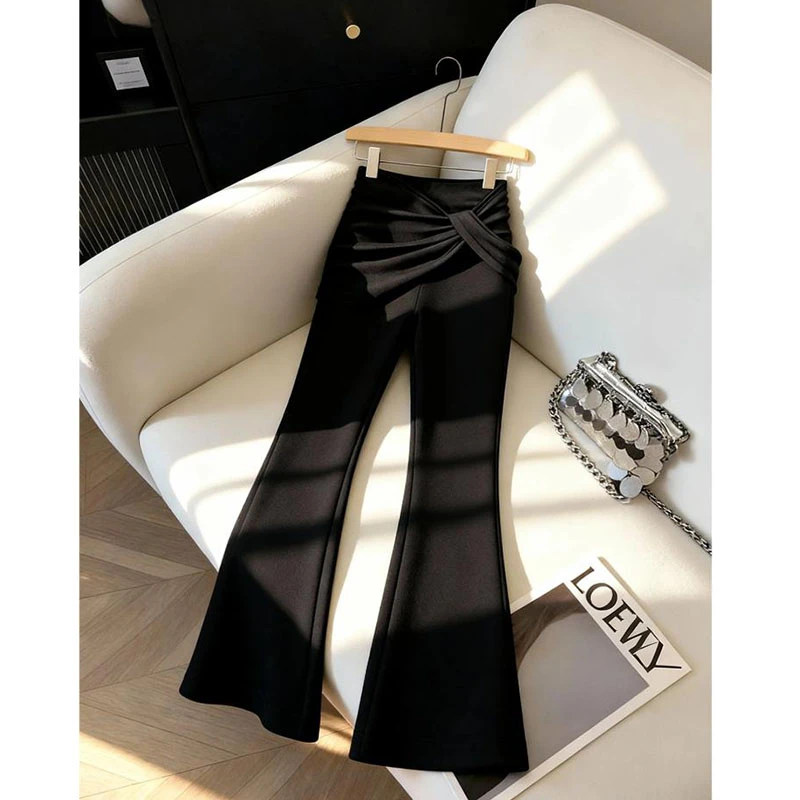秋冬独特黑色拼接高腰喇叭长裤女设计感辣妹修身休闲显瘦直筒裤子