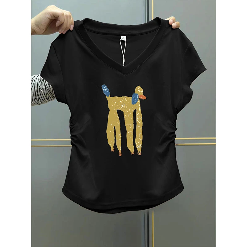 潮款正肩V领百搭黑色t恤女装短袖夏秋季爆款时尚洋气修身显瘦气质