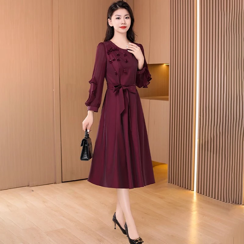 【拉夏】紫色喜婆婆婚宴连衣裙2025早秋新款高级感结婚妈妈礼服裙子