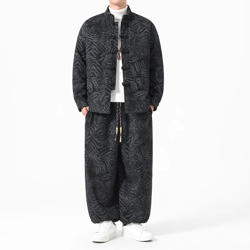 中国风冬季新款暗纹提花套装中式大码立领保暖两件套复古盘扣棉服