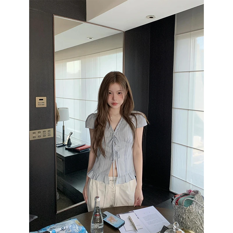 韩系气质纯欲风夏季V领系带设计感短袖衬衫上衣高腰休闲阔腿裤子