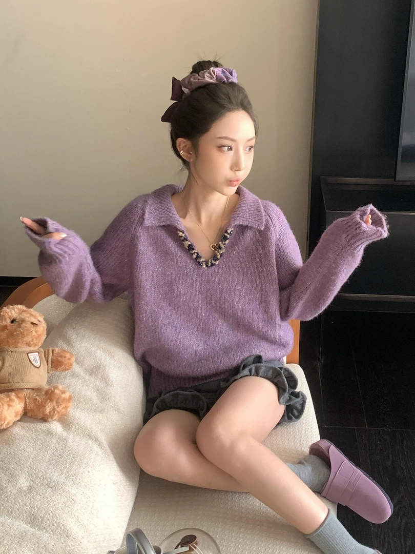 法式小香风紫色V领长袖针织衫女早秋高级感气质宽松显瘦毛衣上衣