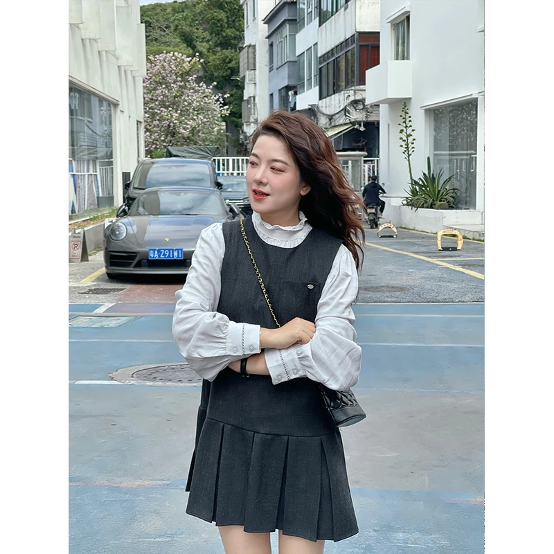 WenWen小个子连衣裙两件套气质韩版木耳边荷叶领叠穿套装2531