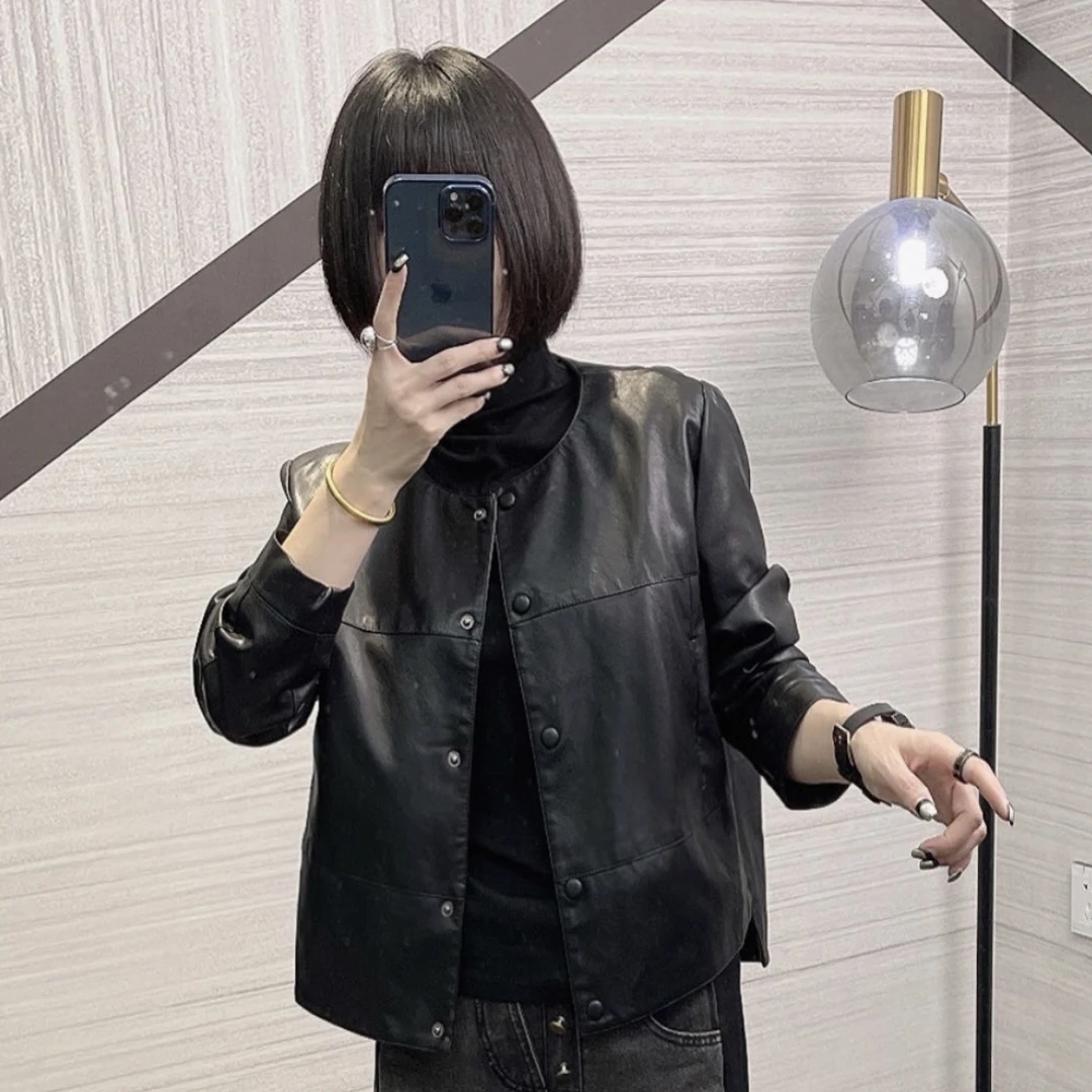 皮夹克磨砂春秋极简风皮衣轻职风黑色上衣