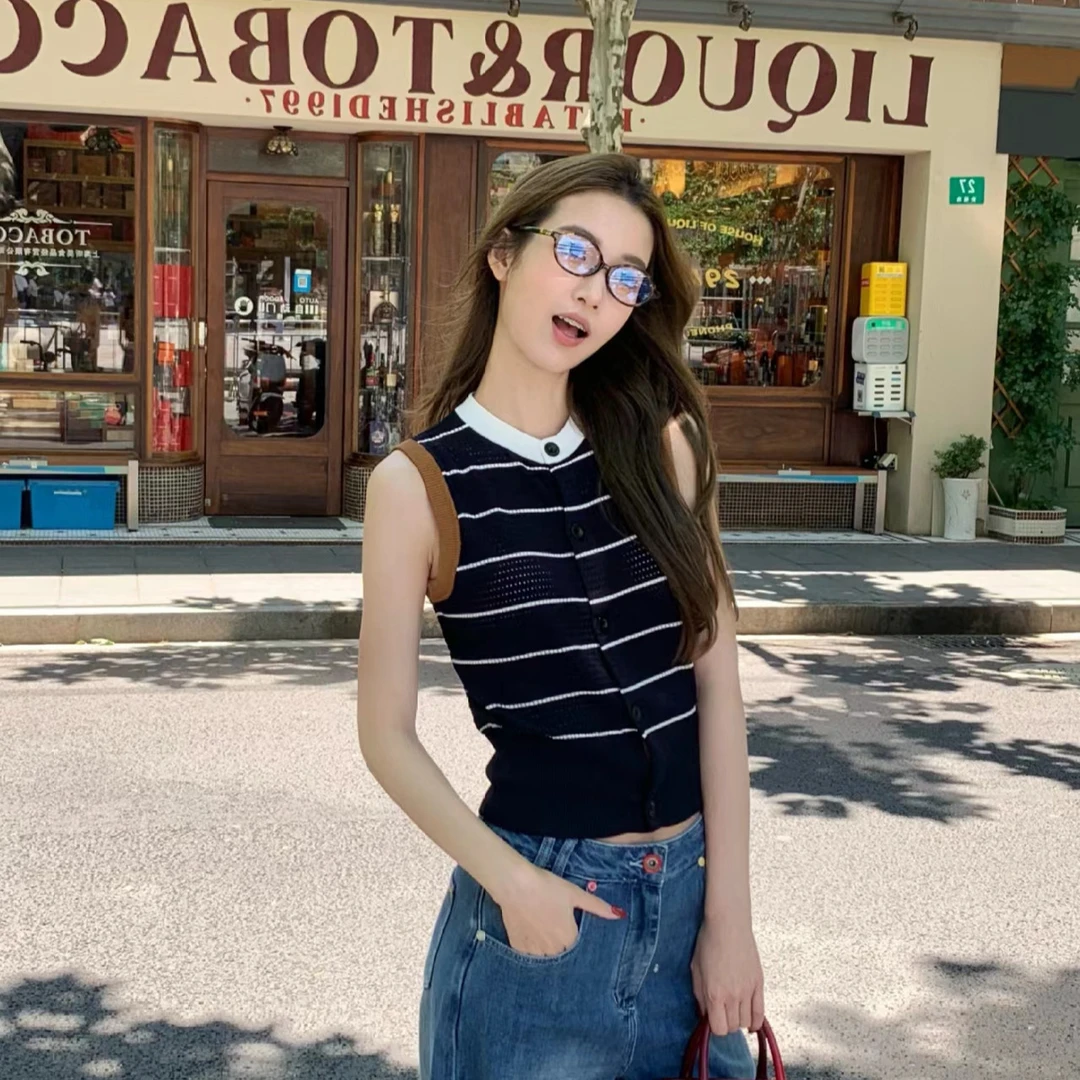 美式复古条纹撞色针织背心女夏季新款设计感修身无袖短款马甲上衣