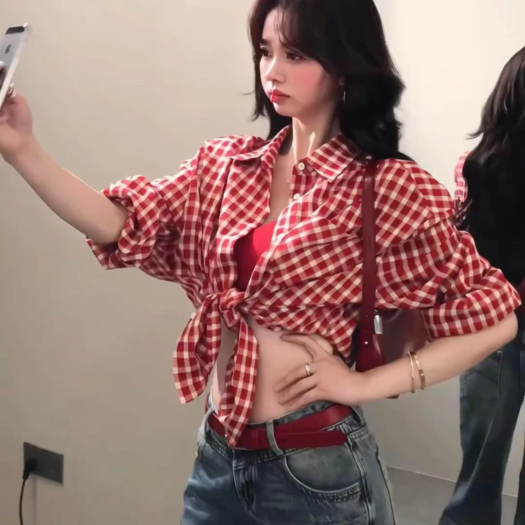 日系复古红色格子衬衫外套女夏季vintage松弛感休闲防晒衬衣外套