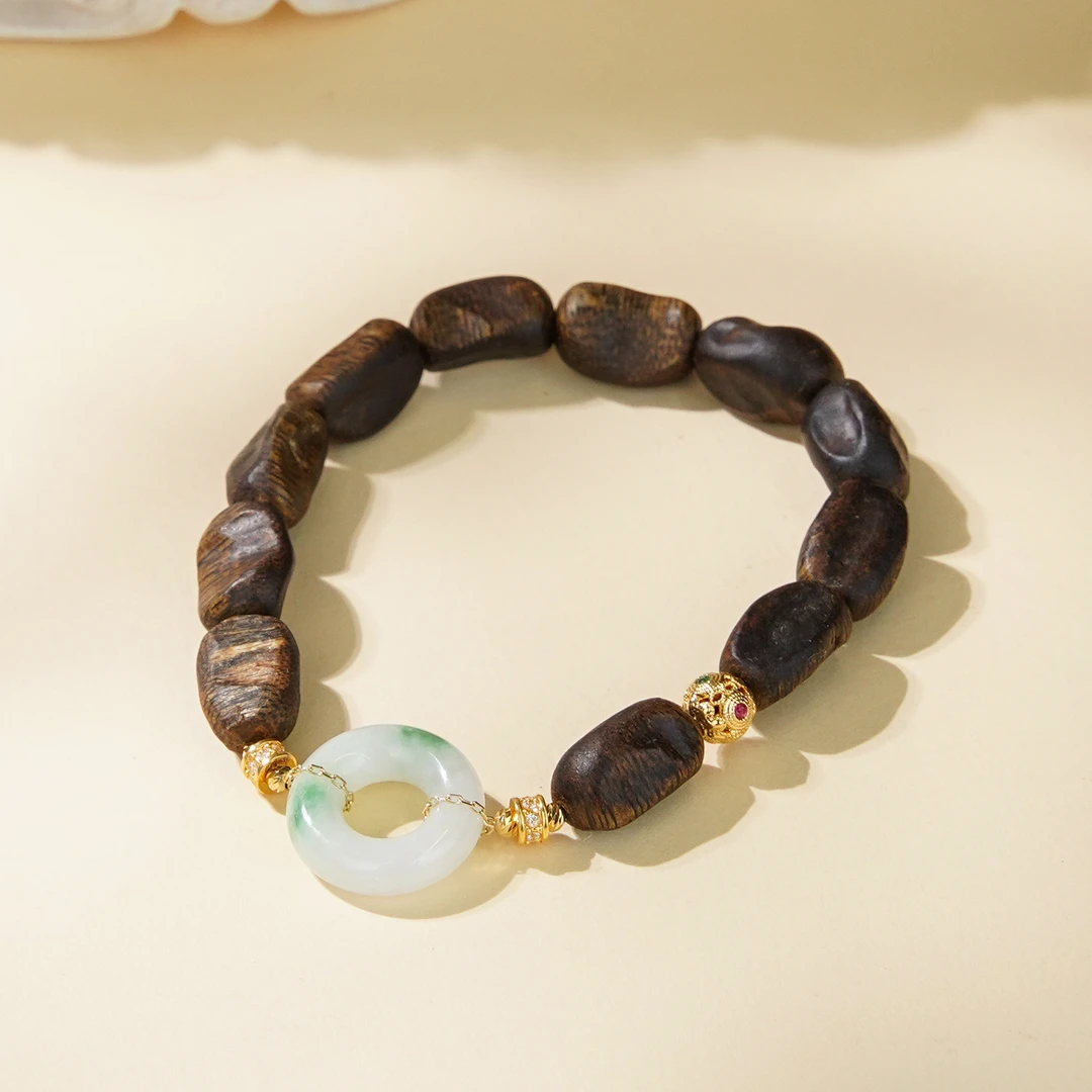 绿奇楠沉香DIY18K翡翠甜甜圈单圈/CX00071