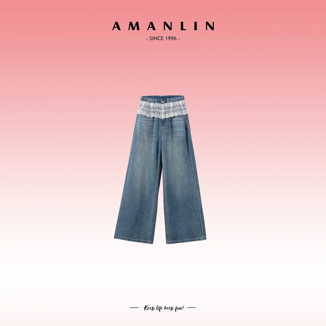 AMANLIN/阿谩琳春季新品高腰直筒气质复古做旧直筒牛仔裤Y595652