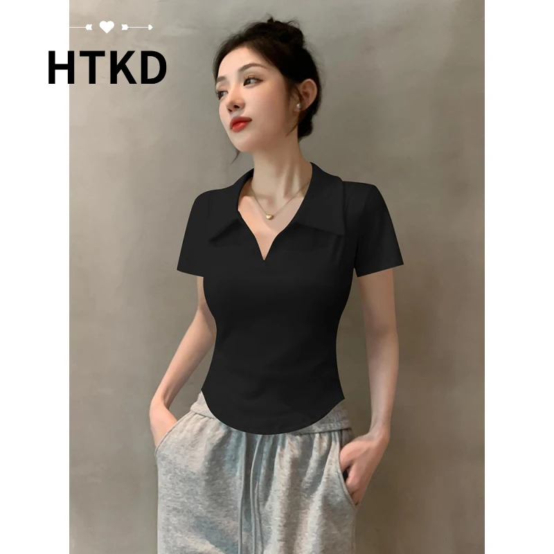 HTKD2025夏季新款辣妹弧形下摆螺纹T恤女修身百搭黑色polo领短袖