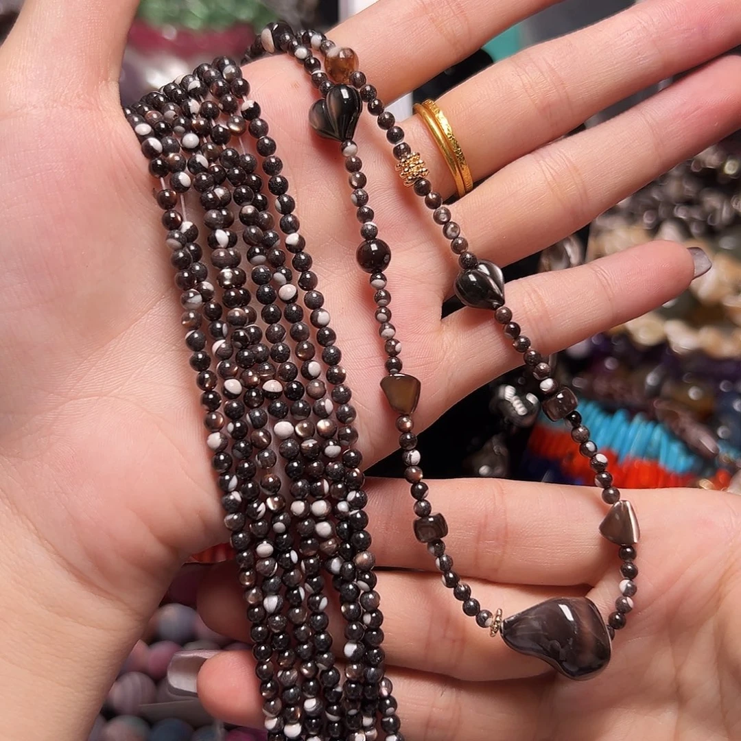玛瑙/玉髓足银镶嵌珠宝半成品X128。3m天然黑金贝圆珠一条