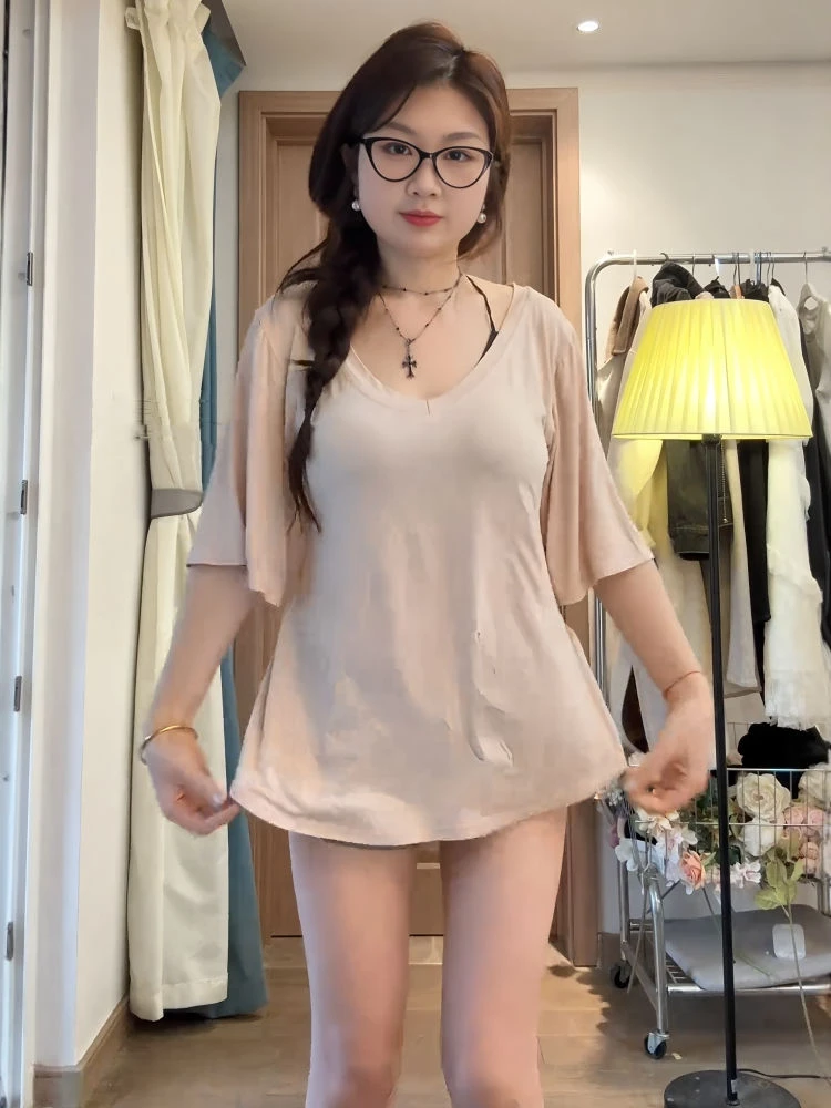 大码v领辣妹掐腰五分袖宽松休闲短袖t恤女夏季胖mm显瘦纯欲风上衣