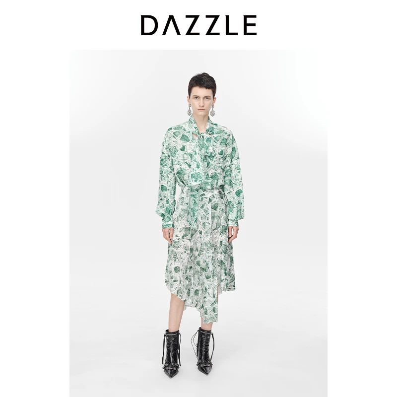 专选DAZZLE地素印花衬衫通勤优雅系带上衣2H4C418