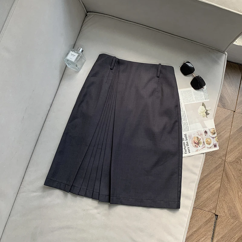 【南油子宸】灰色百褶裙高腰气质百搭显瘦设计感中裙半身裙800221