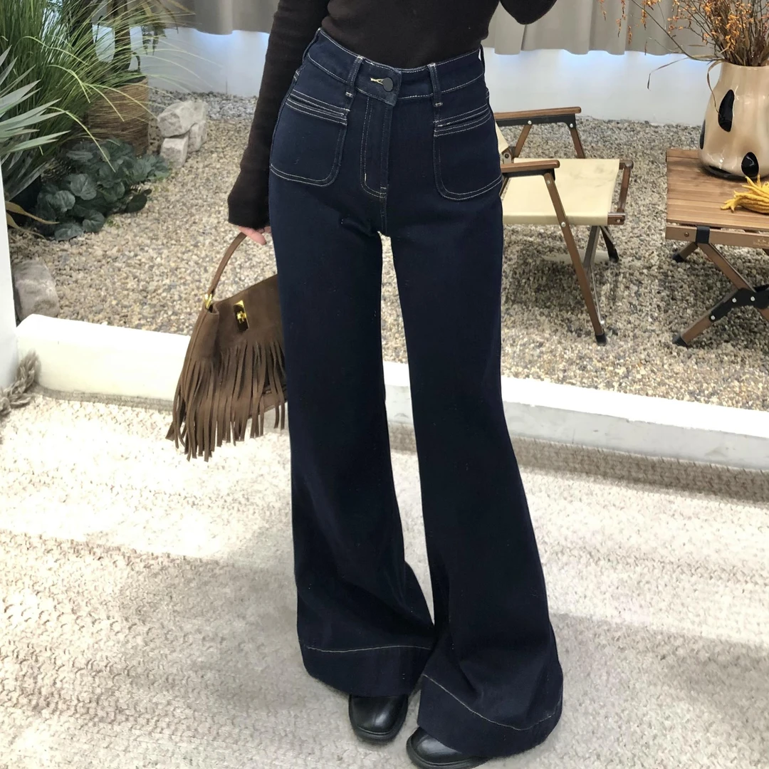 上身效果狠赞！法式复古明线设计深蓝色2024高腰显瘦微喇叭牛仔裤