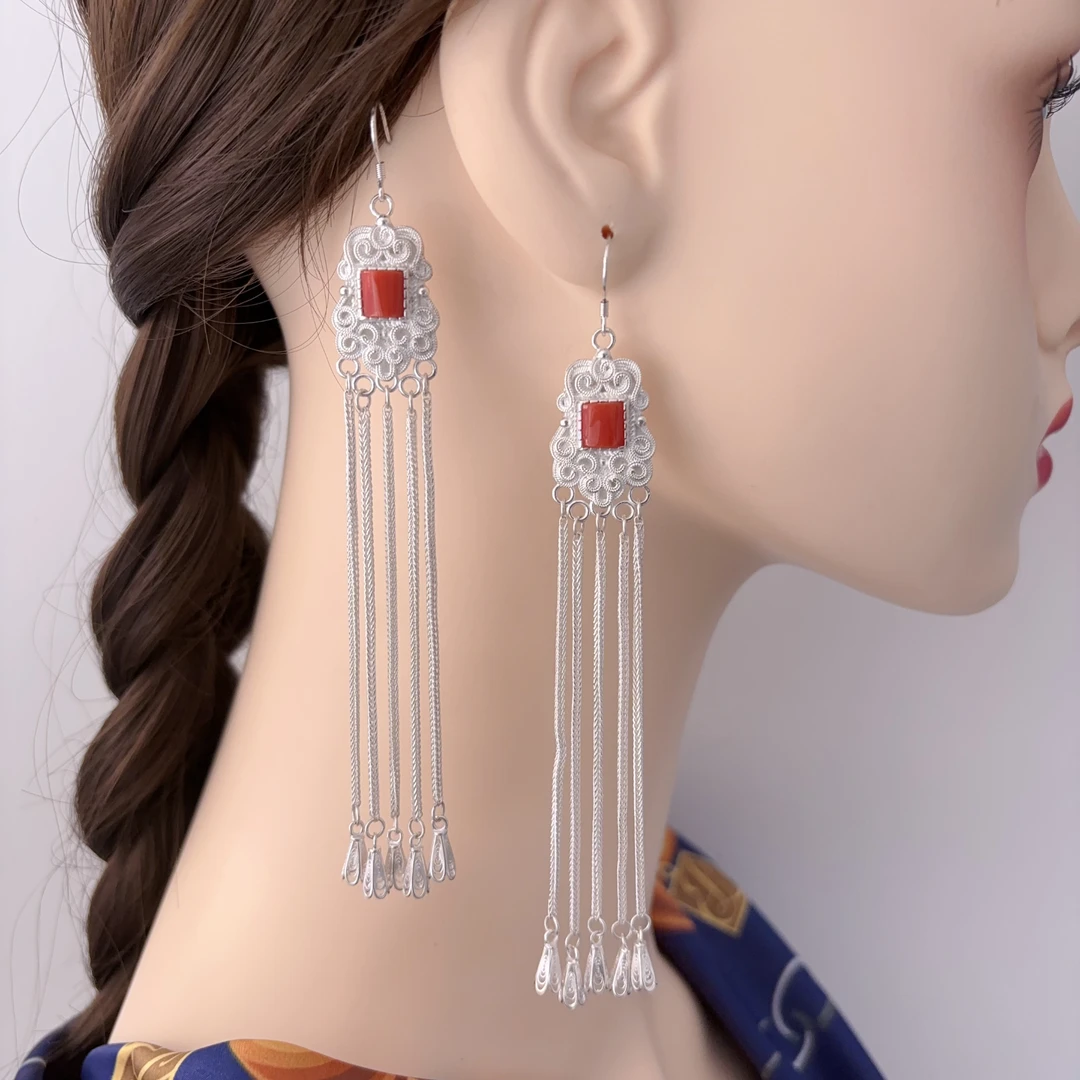 925银耳饰 925银蒙古元素旭日流苏耳环