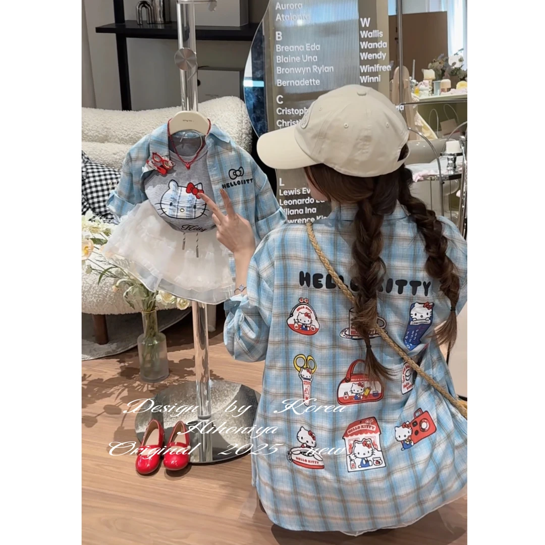 【别亲凯迪猫】六Hihoniya~2025年夏季欧若风亲子Kitty格子宽松衬衫