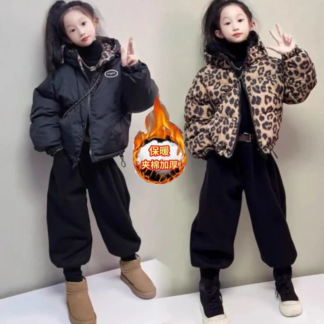 女童棉冬季衣套装2025秋冬新款豹纹两面穿连帽棉服韩版外套两件套