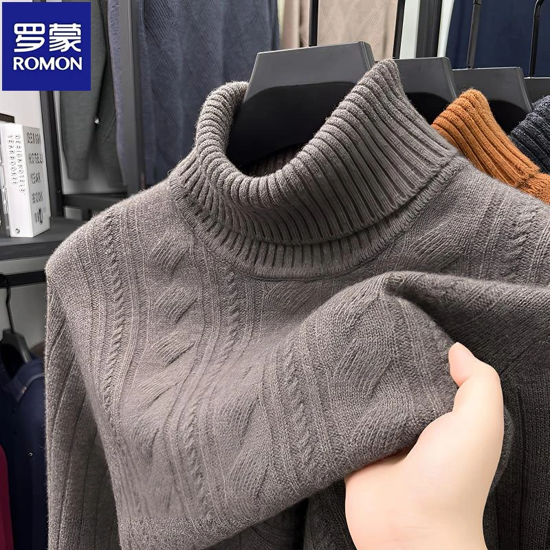 罗蒙100%纯羊毛冬季加厚可翻高领毛衣纯色百搭针织衫保暖打底衫男