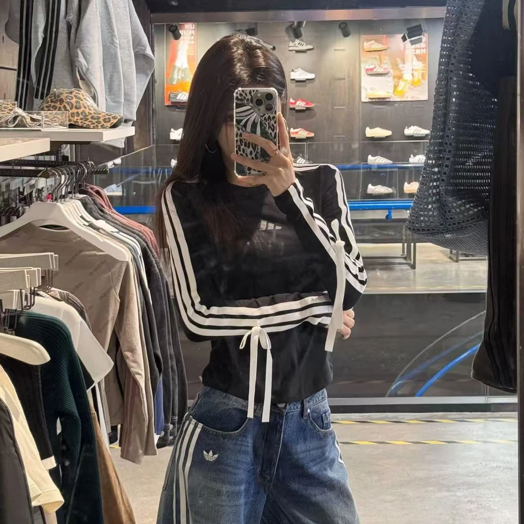 Adidas三叶草新款秋季经典条纹长袖 可拆卸蝴蝶结长袖T KG3862 Y
