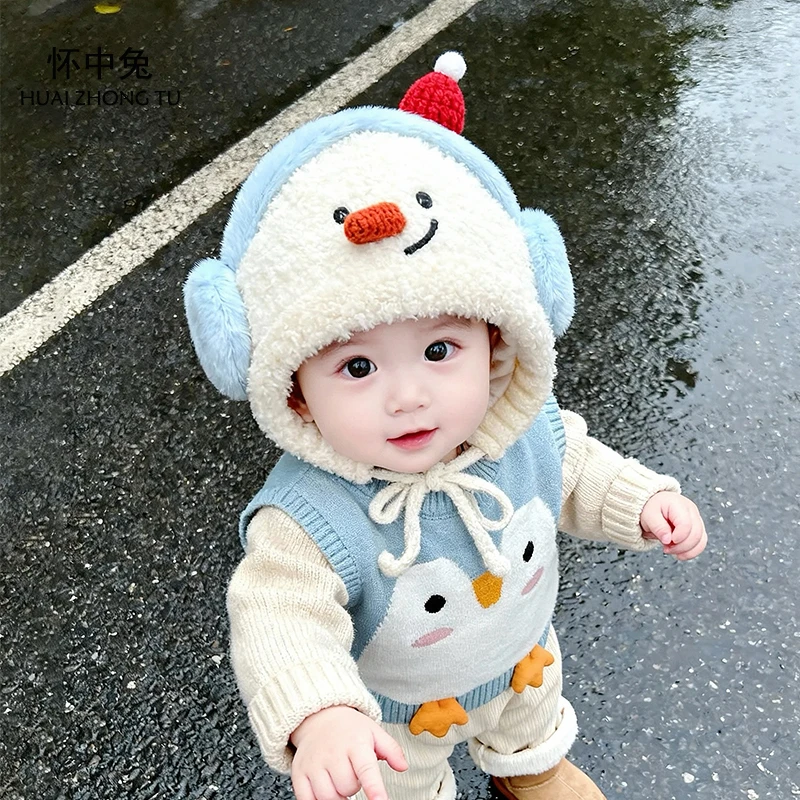 儿童护耳帽冬季男童毛绒系带帽可爱小雪人宝宝防风耳机造型针织帽
